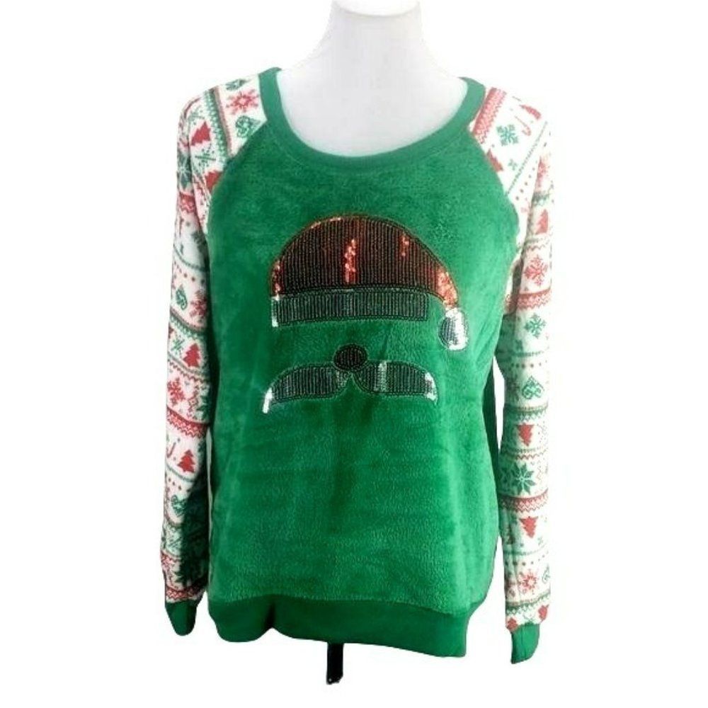 Holiday Time Santa Mustache Velvet Green Long sleeve Juniors‎ XL Sweater